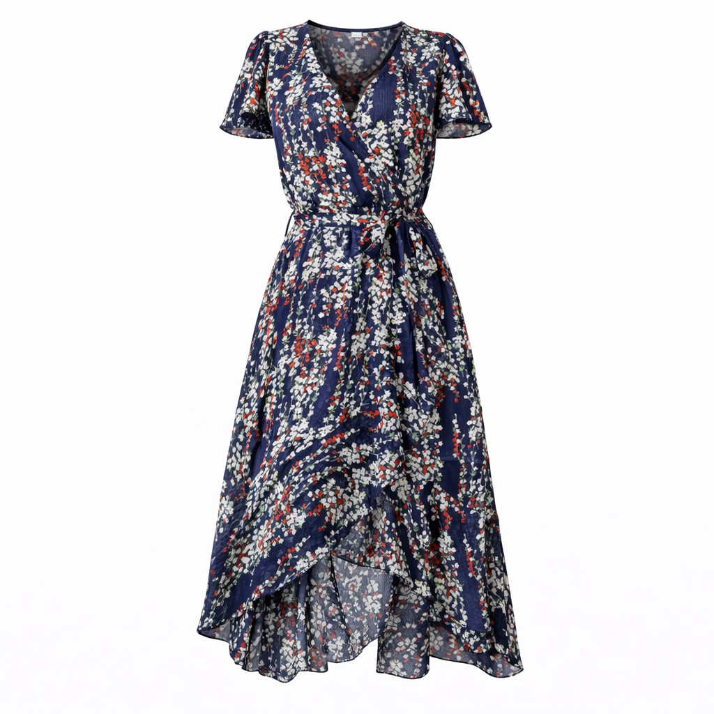 Midikleid mit Wickeloptik, V-Ausschnitt und Blumenmuster
