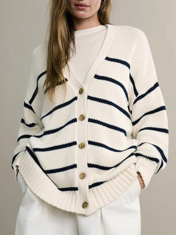 Damen Gestreifter Cardigan Mit V-Ausschnitt Und Knopfleiste
