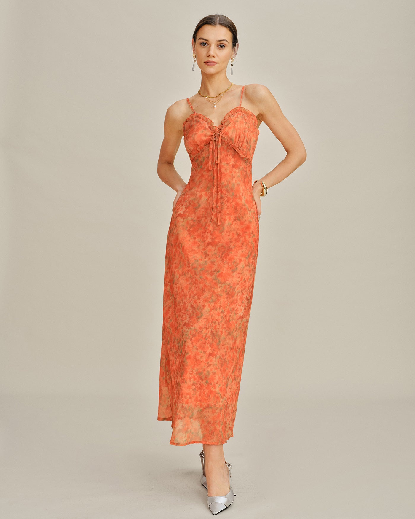 Maxikleid mit Blumendruck, Polyester, A-Linie, Orange