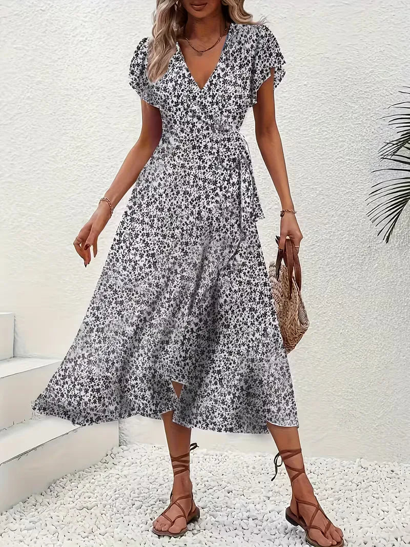Midi-Wickelkleid mit Blumenmuster und asymmetrischem Saum