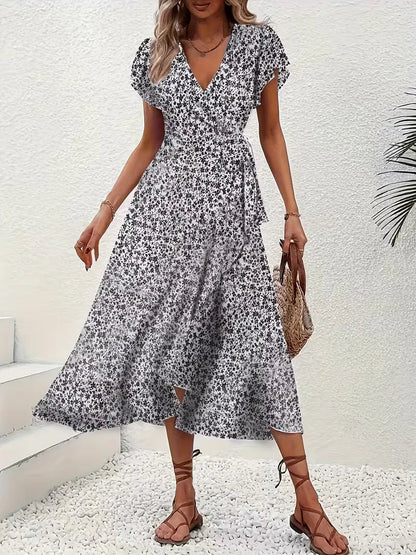 Midi-Wickelkleid mit Blumenmuster und asymmetrischem Saum