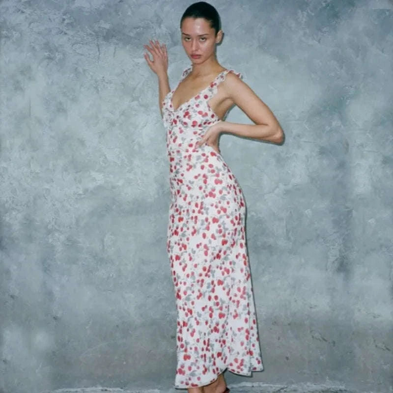 Florales Maxikleid mit tiefem V-Ausschnitt und offenem Rücken Sommerkleid