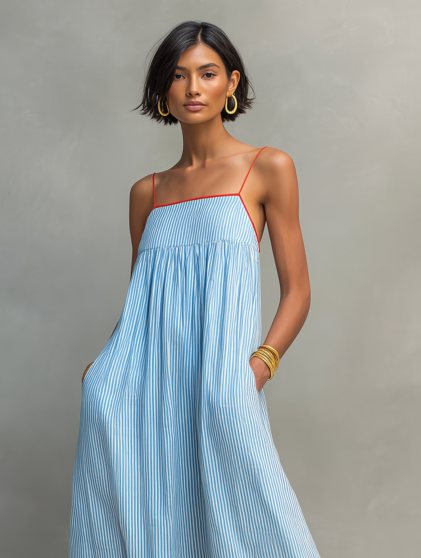 Gestreiftes Maxikleid mit weitem Schnitt und Spaghettiträgern