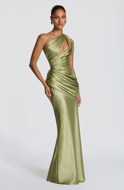 Satin Maxikleid Olive und Pflaume