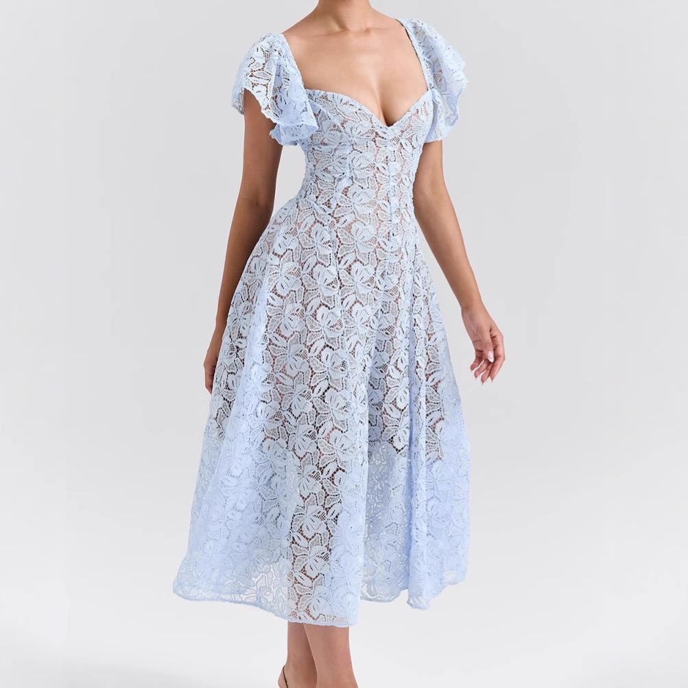 Spitzen-Kleid mit Glockenärmeln Midi Blau