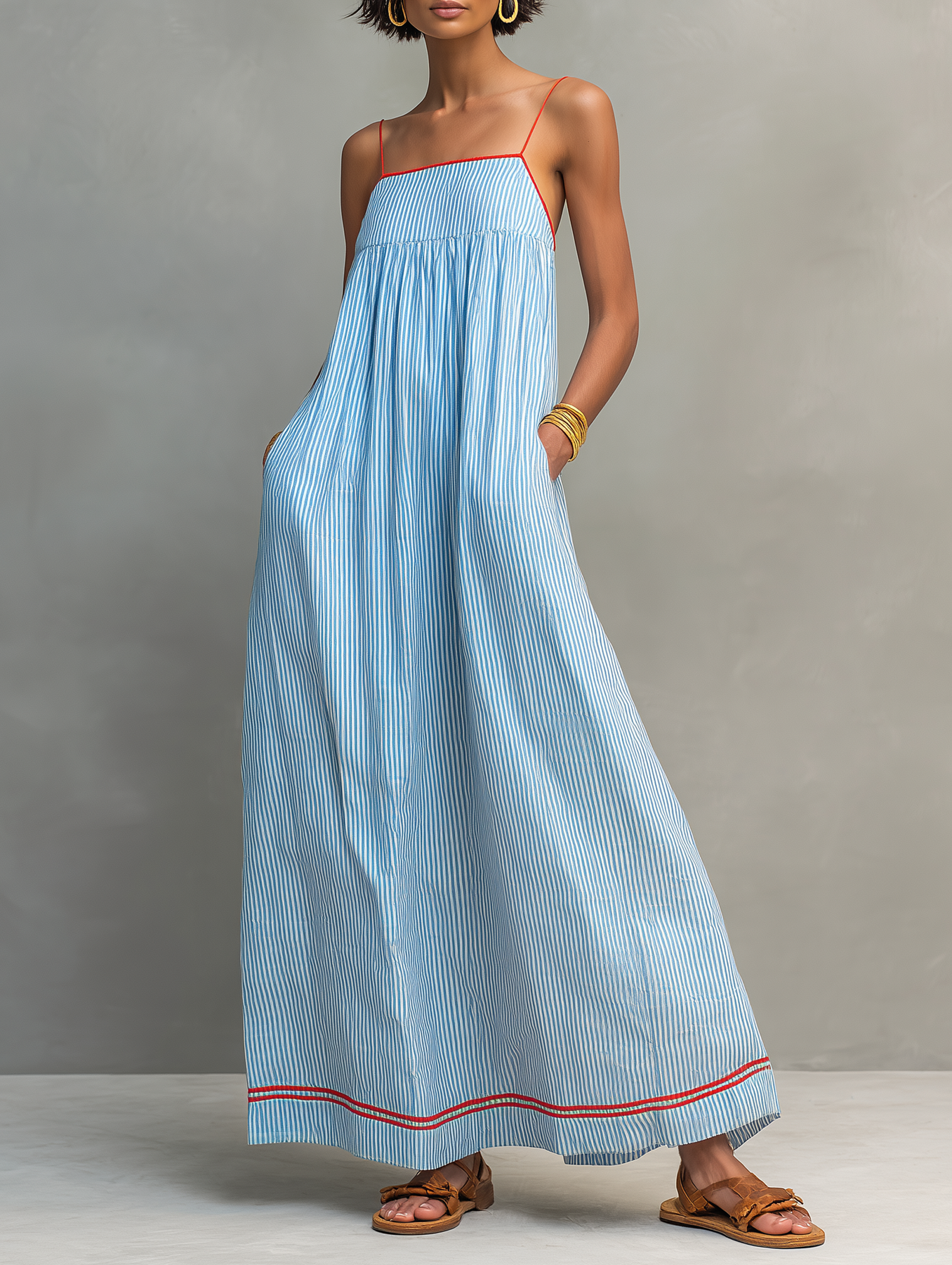 Gestreiftes Maxikleid mit weitem Schnitt und Spaghettiträgern