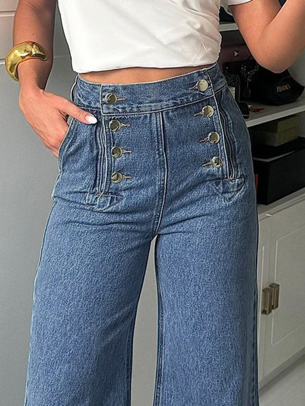 Damen High Waist Jeanshose Mit Weitem Bein Und Knopfleiste
