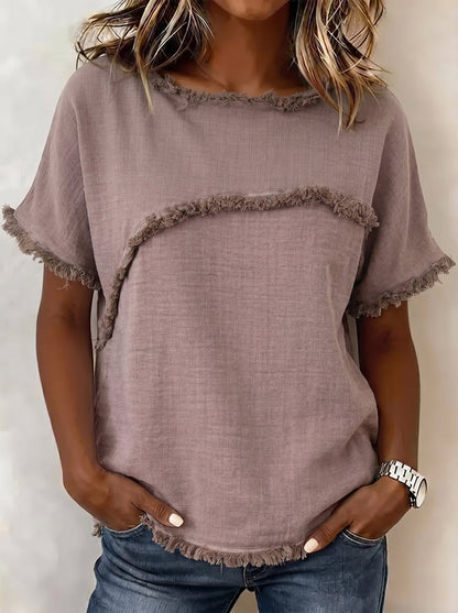 Damen T-Shirt mit Fransen in Uni-Farbe, locker geschnitten, Vorderansicht