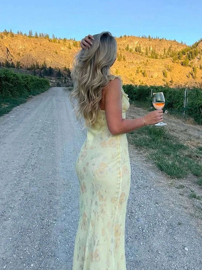 Florales Maxikleid mit tiefem V-Ausschnitt und offenem Rücken Sommerkleid