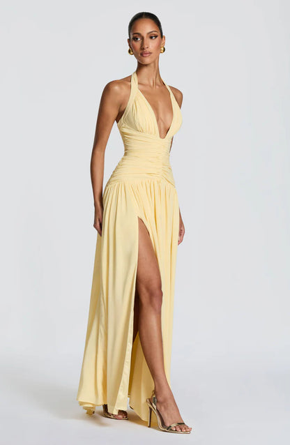 Fließendes Ärmelloses Maxikleid Marineblau Salbei Gelb