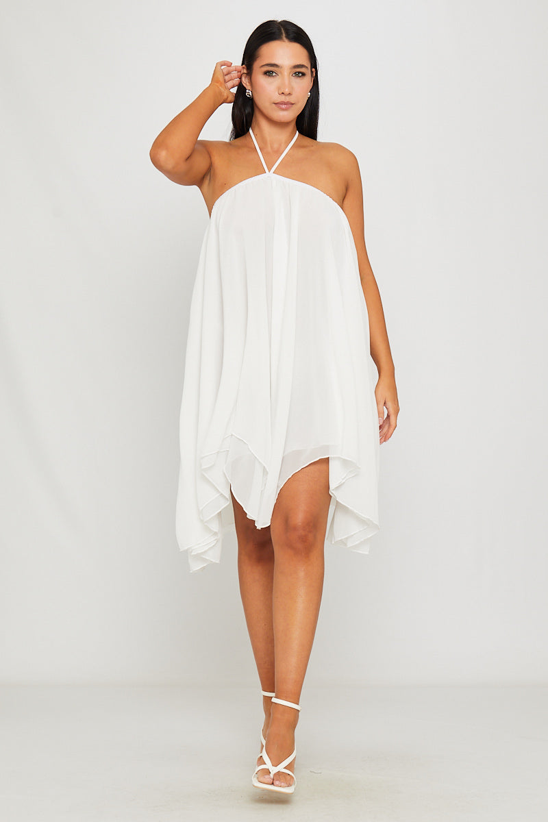 Chiffon Neckholder asymmetrisches Minikleid Weiß