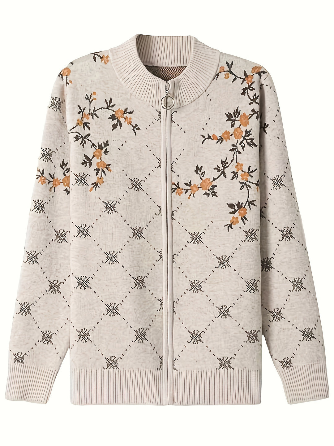 Jacquard Strickjacke mit Reißverschluss und Stehkragen für Damen