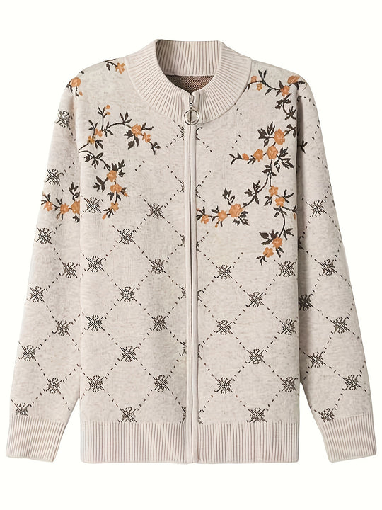 Jacquard Strickjacke mit Reißverschluss und Stehkragen für Damen