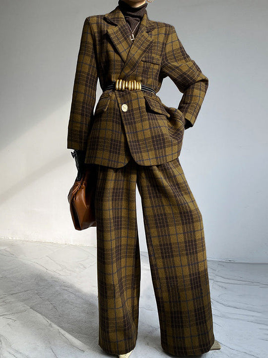 Damen Karierter Blazer Mit Hose Im Zweiteiligen Set