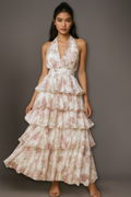Maxikleid mit Neckholder, gestuftem Blumenmuster, Rüschen und Taillendetail