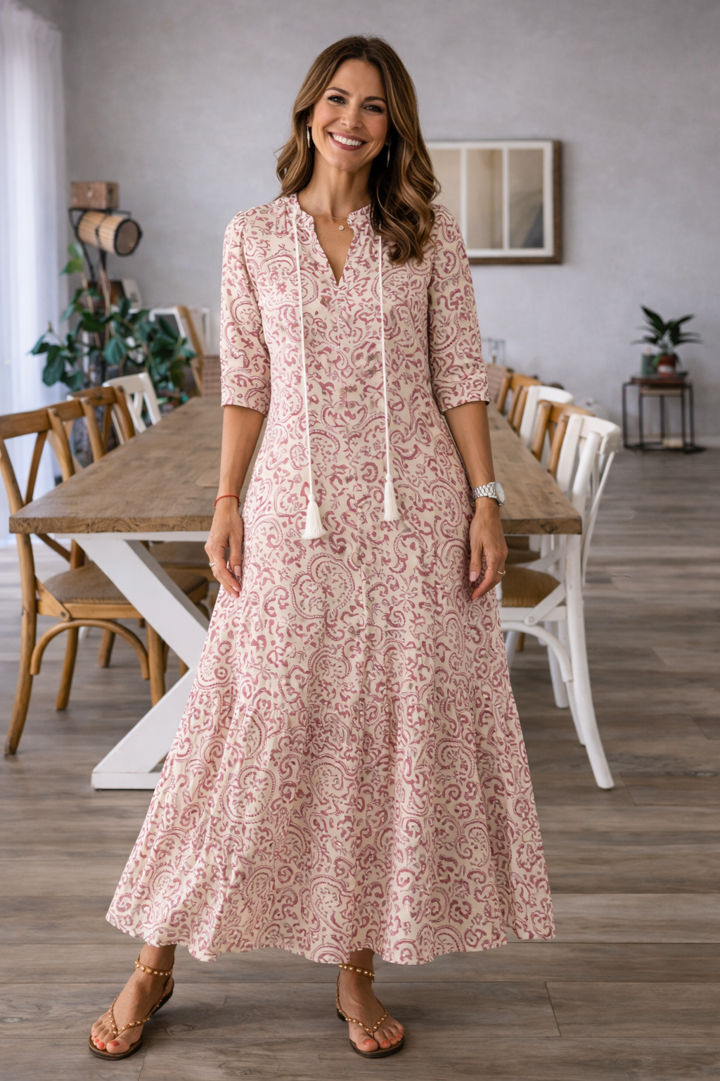 Fließendes Maxikleid mit V-Ausschnitt für Damen mit Print