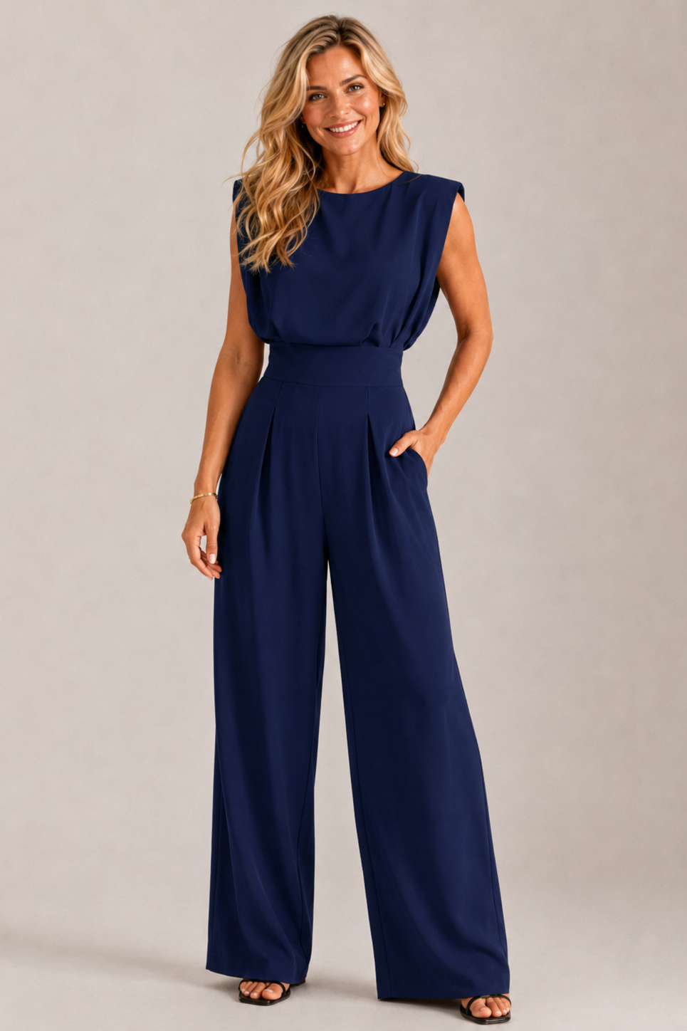 Ärmelloser knitterfreier Jumpsuit mit geradem Bein