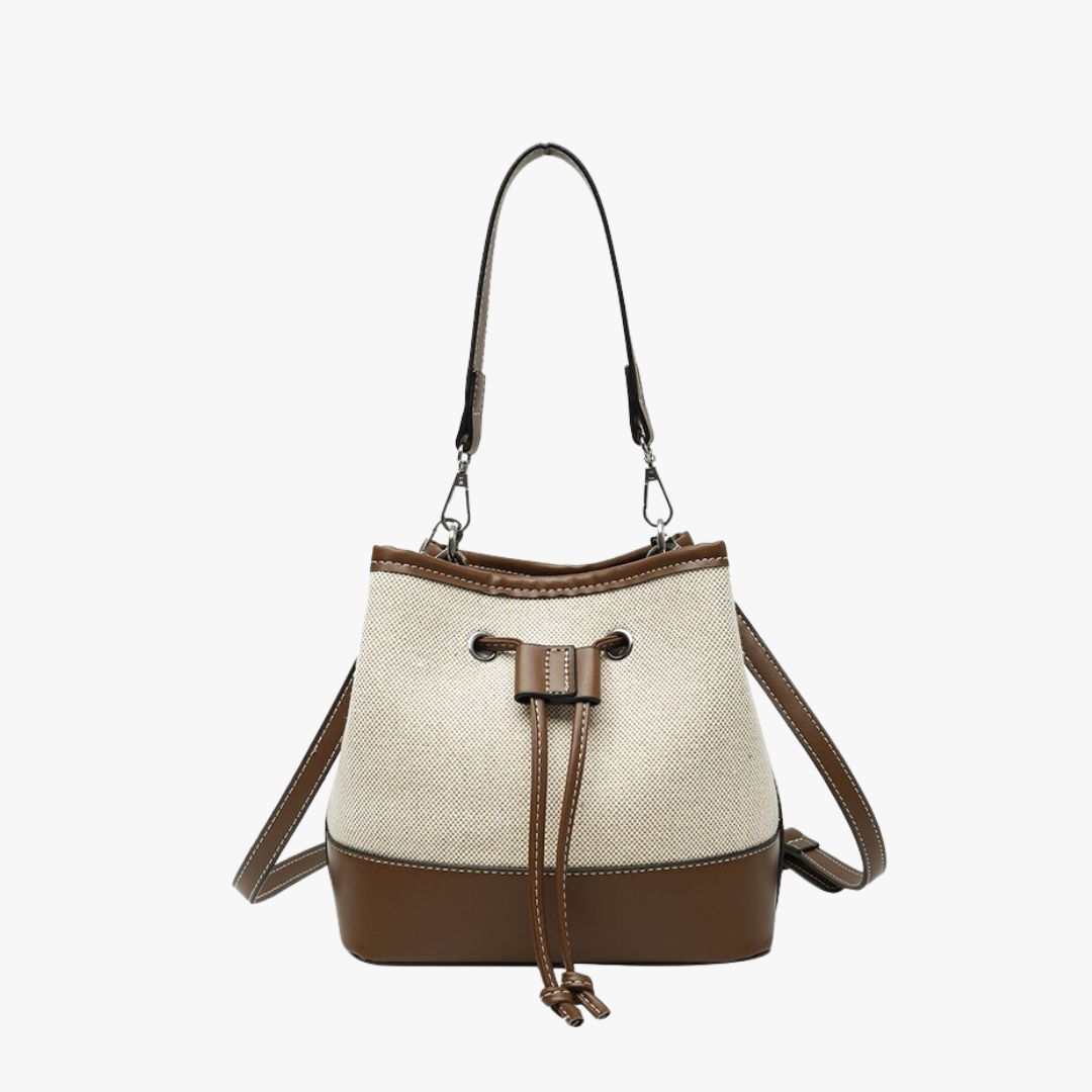 Canvas-Eimer-Tasche mit veganem Lederbesatz und Kordelverschluss