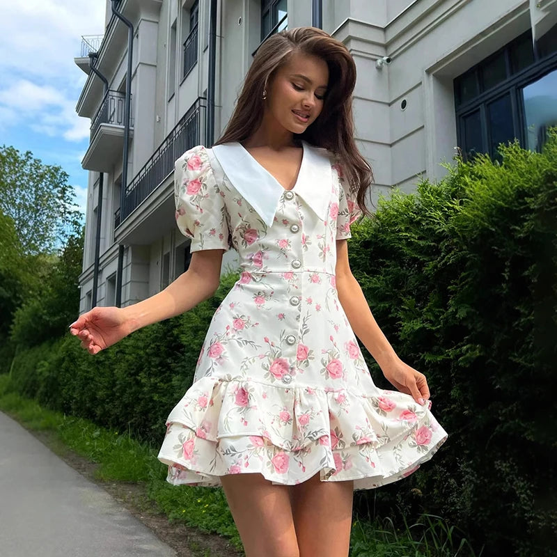 Damen Mini Kleid mit Puffärmeln und Rüschen