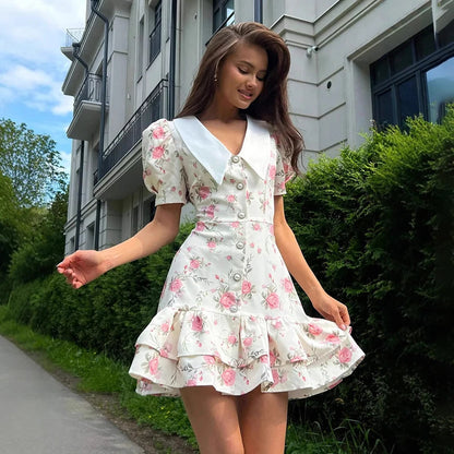 Damen Mini Kleid mit Puffärmeln und Rüschen
