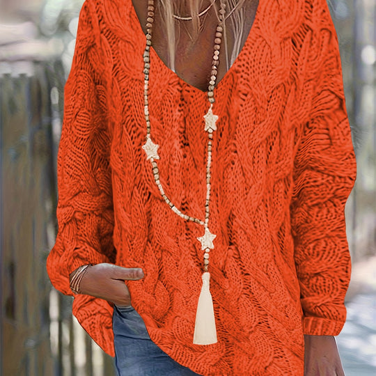 Grob gestrickter V-Ausschnitt Pullover mit Zopfmuster für Damen