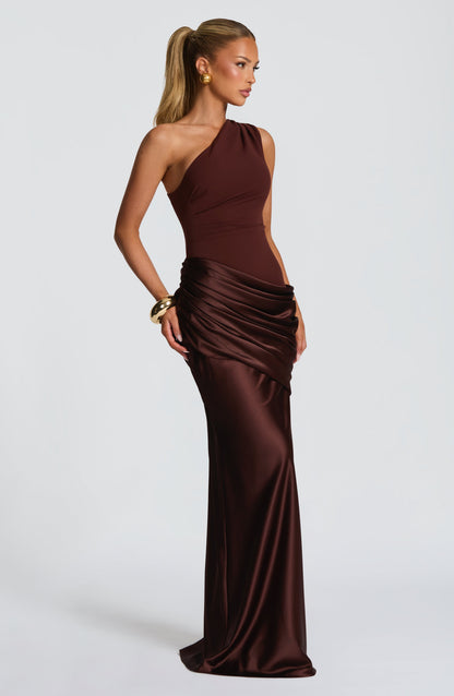 Ein-Schulter Crepe Satin Maxikleid Damen