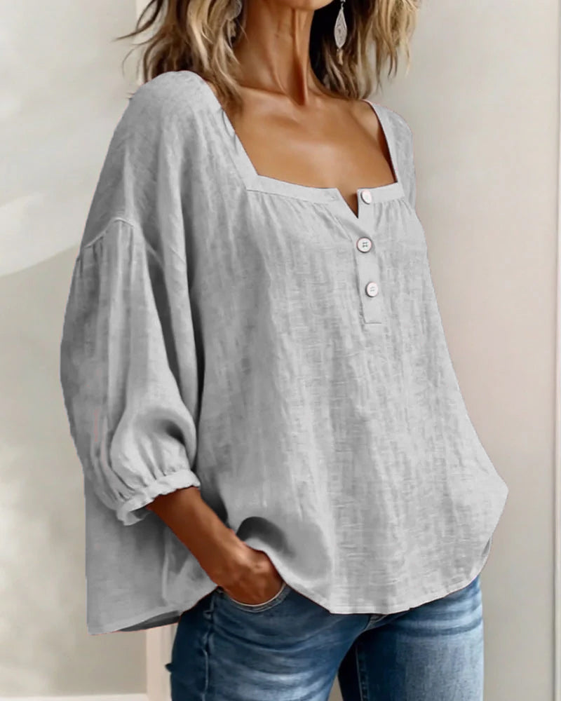 Leinenbluse mit quadratischem Ausschnitt und Puffärmeln