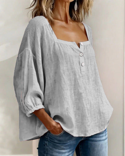 Leinenbluse mit quadratischem Ausschnitt und Puffärmeln