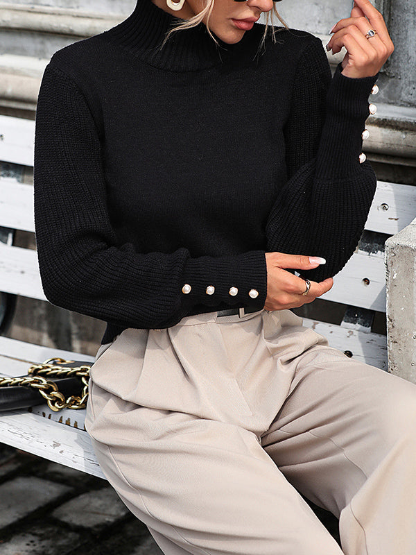Damen Strickpullover Mit Perlenknöpfen Und Hohem Kragen