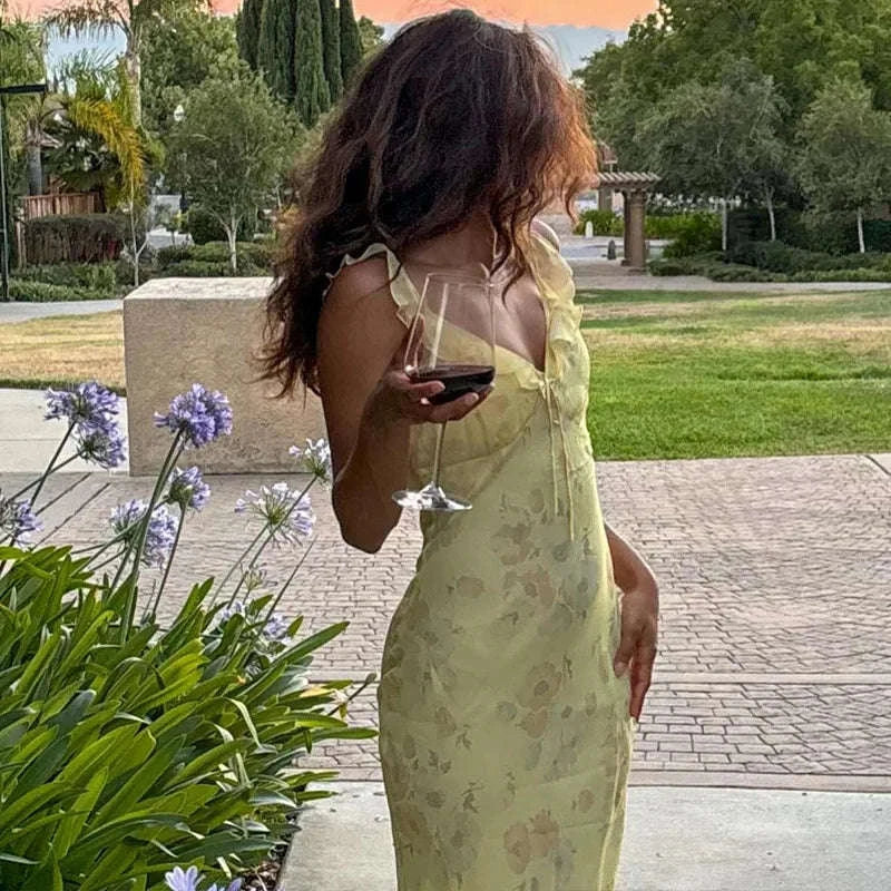 Florales Maxikleid mit tiefem V-Ausschnitt und offenem Rücken Sommerkleid