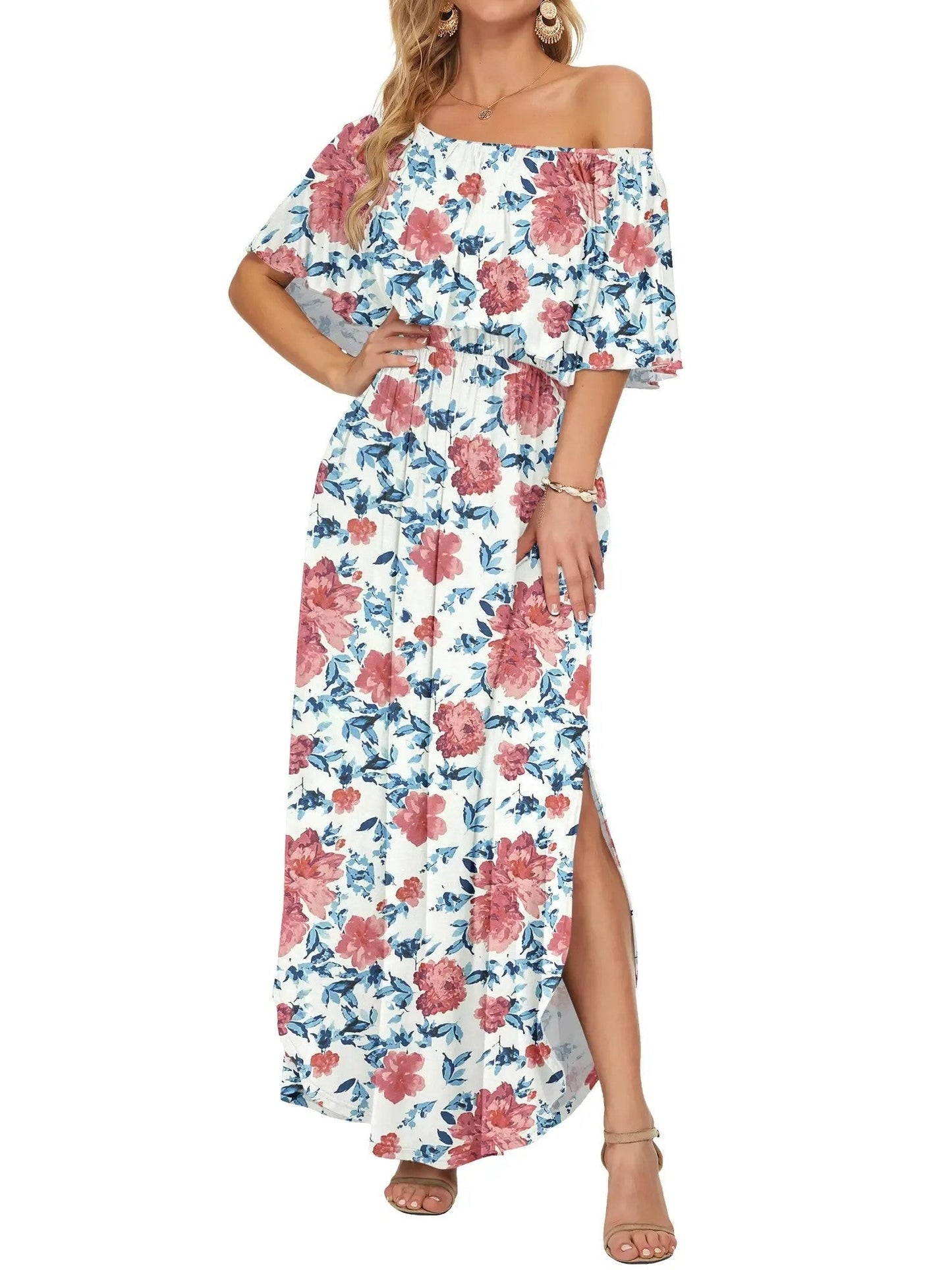 Damen Blumenmuster Schulterfreies Sommer Maxikleid