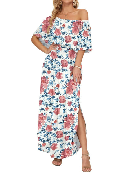 Damen Blumenmuster Schulterfreies Sommer Maxikleid