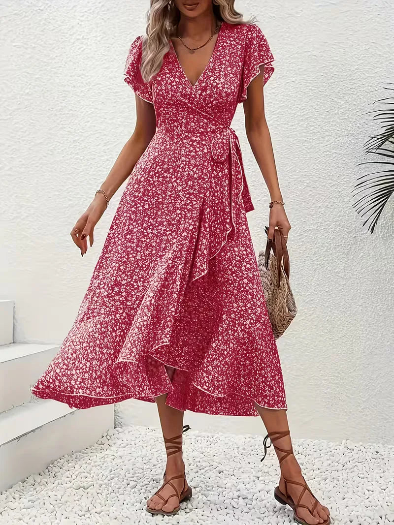 Midi-Wickelkleid mit Blumenmuster und asymmetrischem Saum