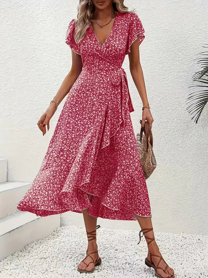 Midi-Wickelkleid mit Blumenmuster und asymmetrischem Saum