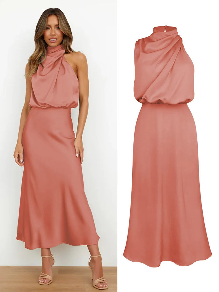 Damen Satin Midikleid mit asymmetrischem Ausschnitt