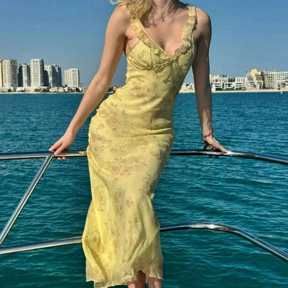 Florales Maxikleid mit tiefem V-Ausschnitt und offenem Rücken Sommerkleid