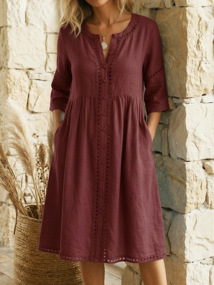Leinen-Midikleid mit aufgesetzter Tasche und halben Ärmeln