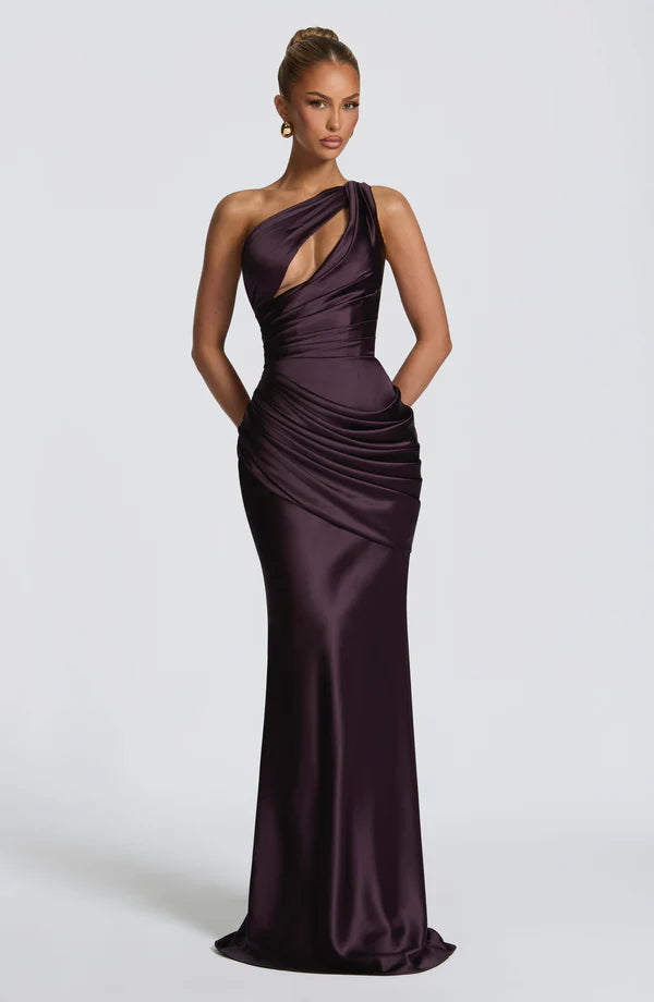 Satin Maxikleid Olive und Pflaume