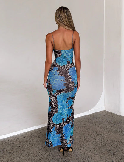 Floral bedrucktes Bodycon-Maxikleid Blau
