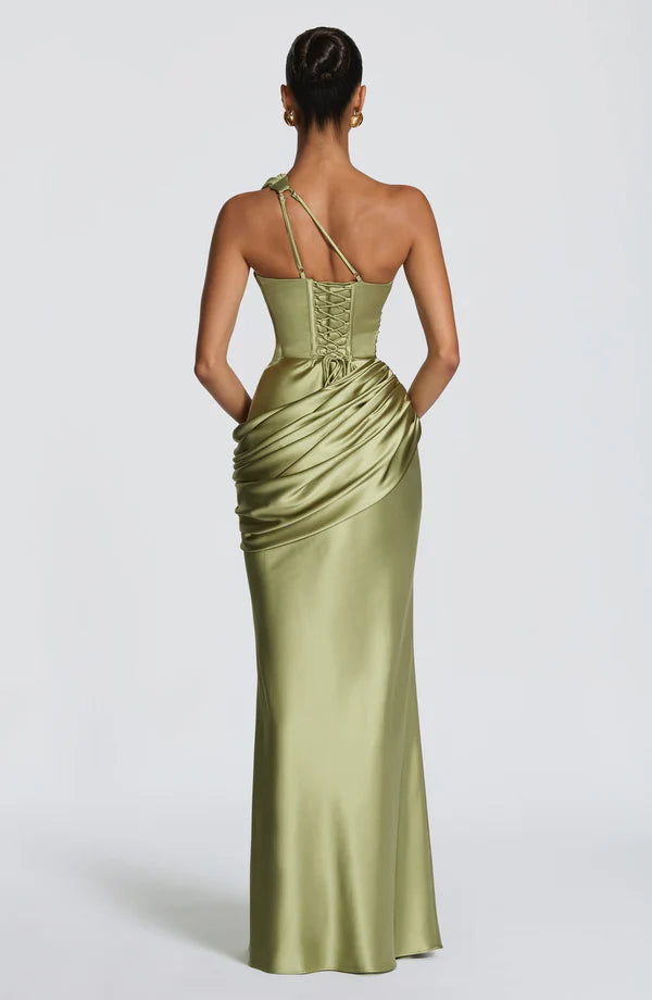 Satin Maxikleid Olive und Pflaume