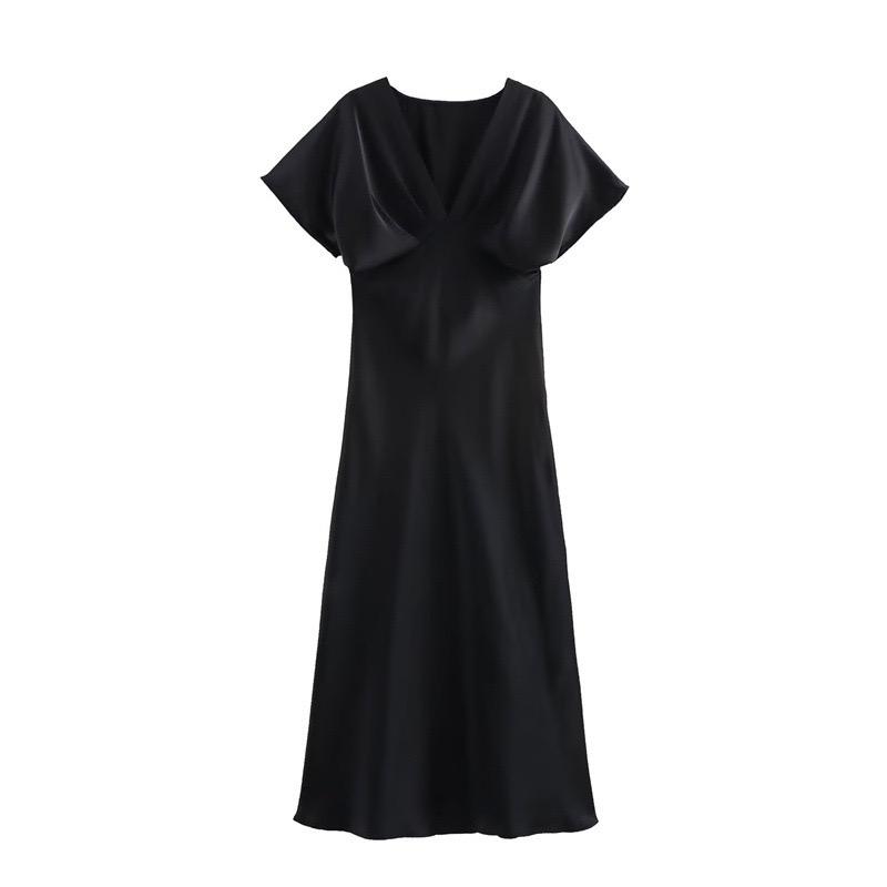 Satin Midikleid Schwarz Halbarm