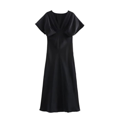 Satin Midikleid Schwarz Halbarm