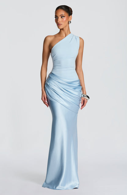Ein-Schulter Crepe Satin Maxikleid Damen