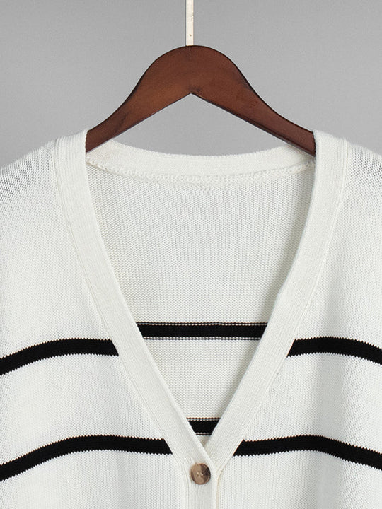 Damen Gestreifter Cardigan Mit V-Ausschnitt Und Knopfleiste