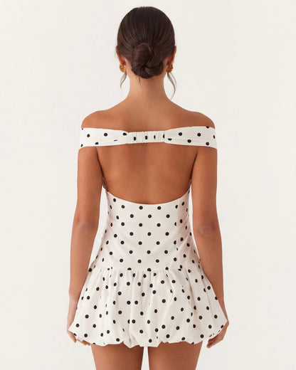 Schulterfreies Mini-Kleid aus Baumwolle mit gerafften Details und Polka-Dots in Weiß
