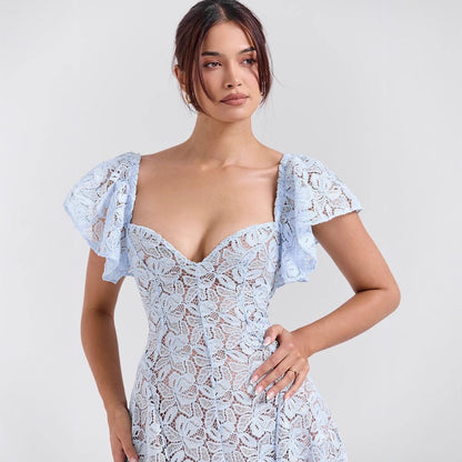 Spitzen-Kleid mit Glockenärmeln Midi Blau