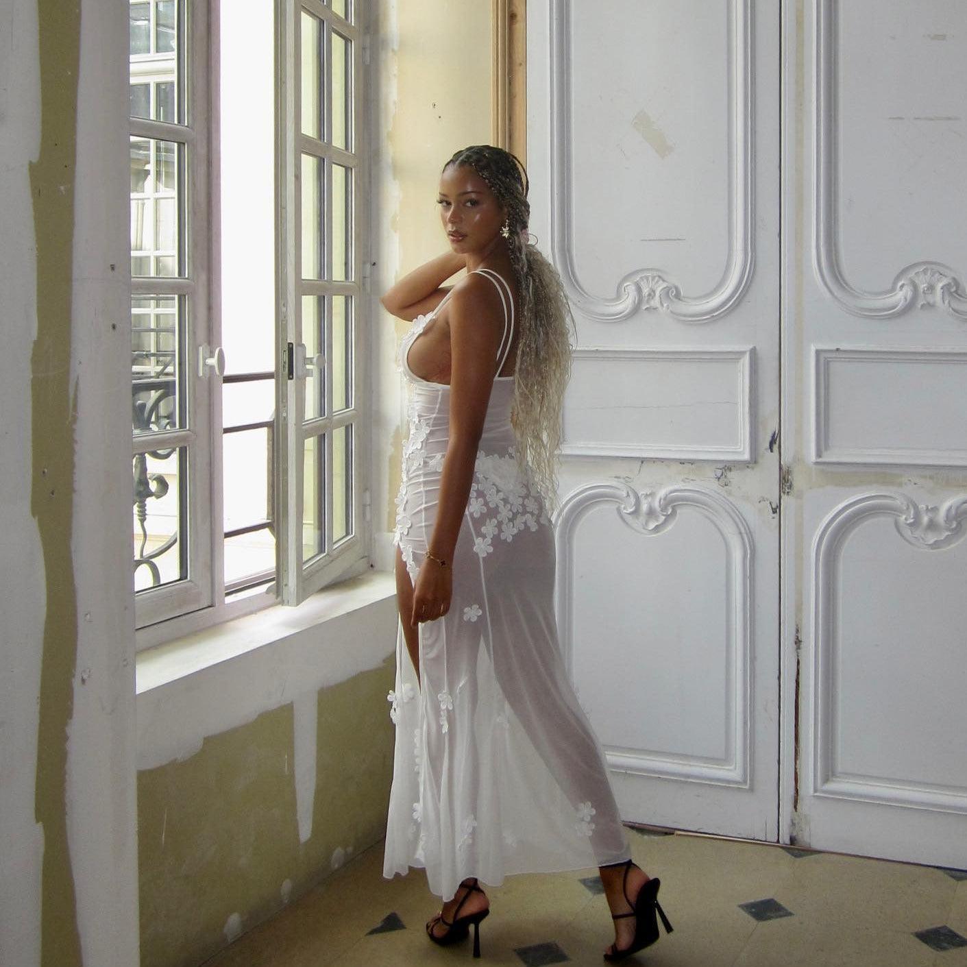 Maxikleid aus weißem Blüten-Mesh für Damen