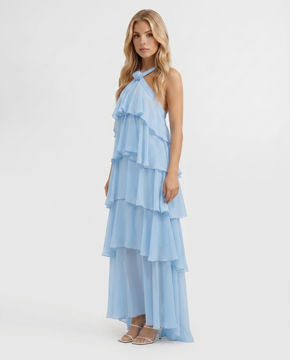 Maxikleid mit mehrlagigem Volant und Neckholder-Ausschnitt
