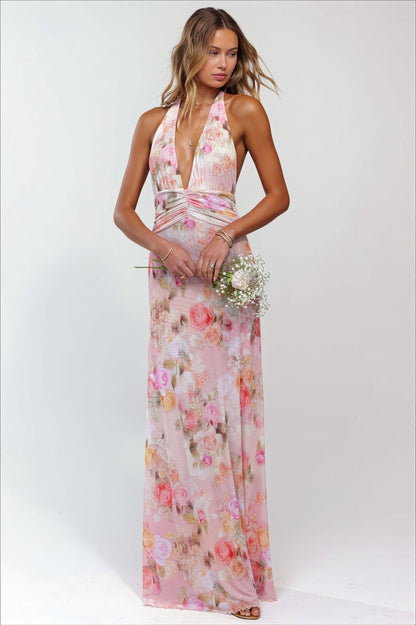 Damen-Maxikleid mit Print und offenem Rücken in Rückansicht