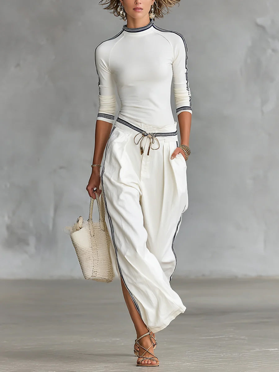 Gemütliches Stretch-Strickoberteil und Leinen-Baumwoll-Hosen-Set